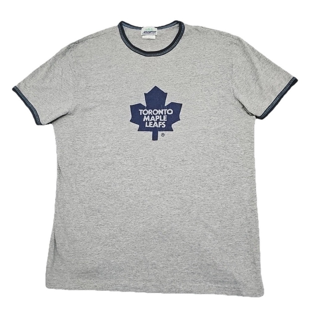 Vintage 80s Toronto Maple Leafs T-shirt Ringer NHL Hockey Gray Felt Logo Mens XL